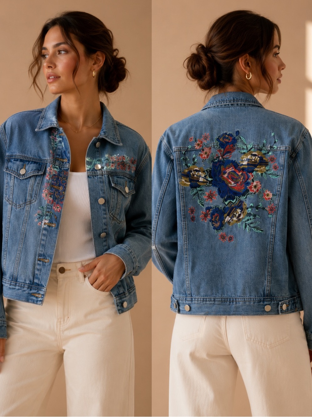 Blu Pepper Embroidered Denim Jacket Small Floral Embroidery Blue Jean Jacket